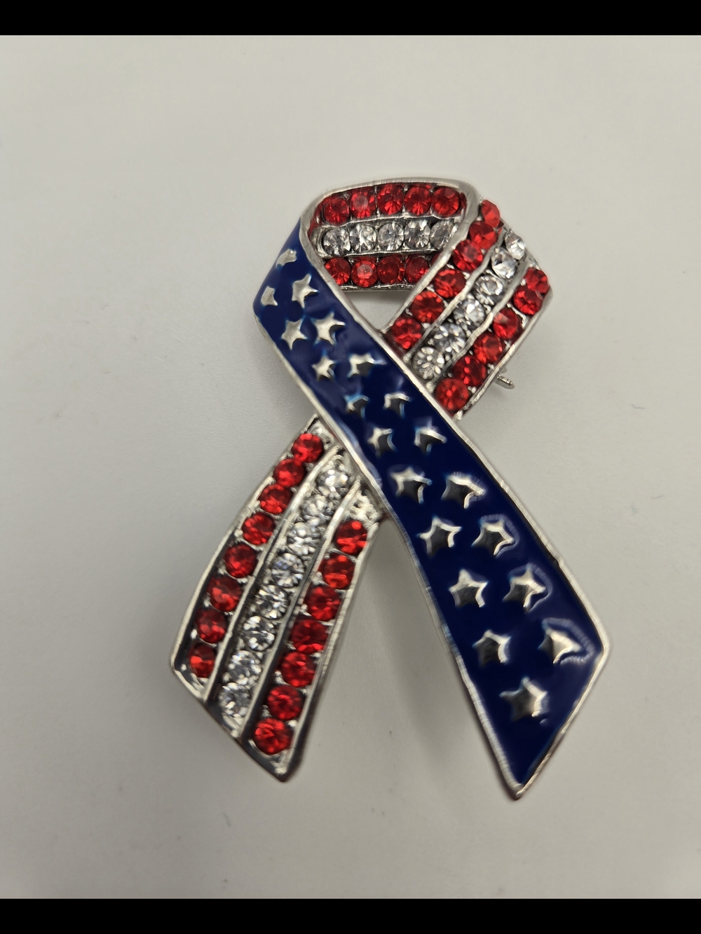 Patriotic Flag Enamel Ribbon Brooch with Red White Blue Crystals Silver-Tone Fun